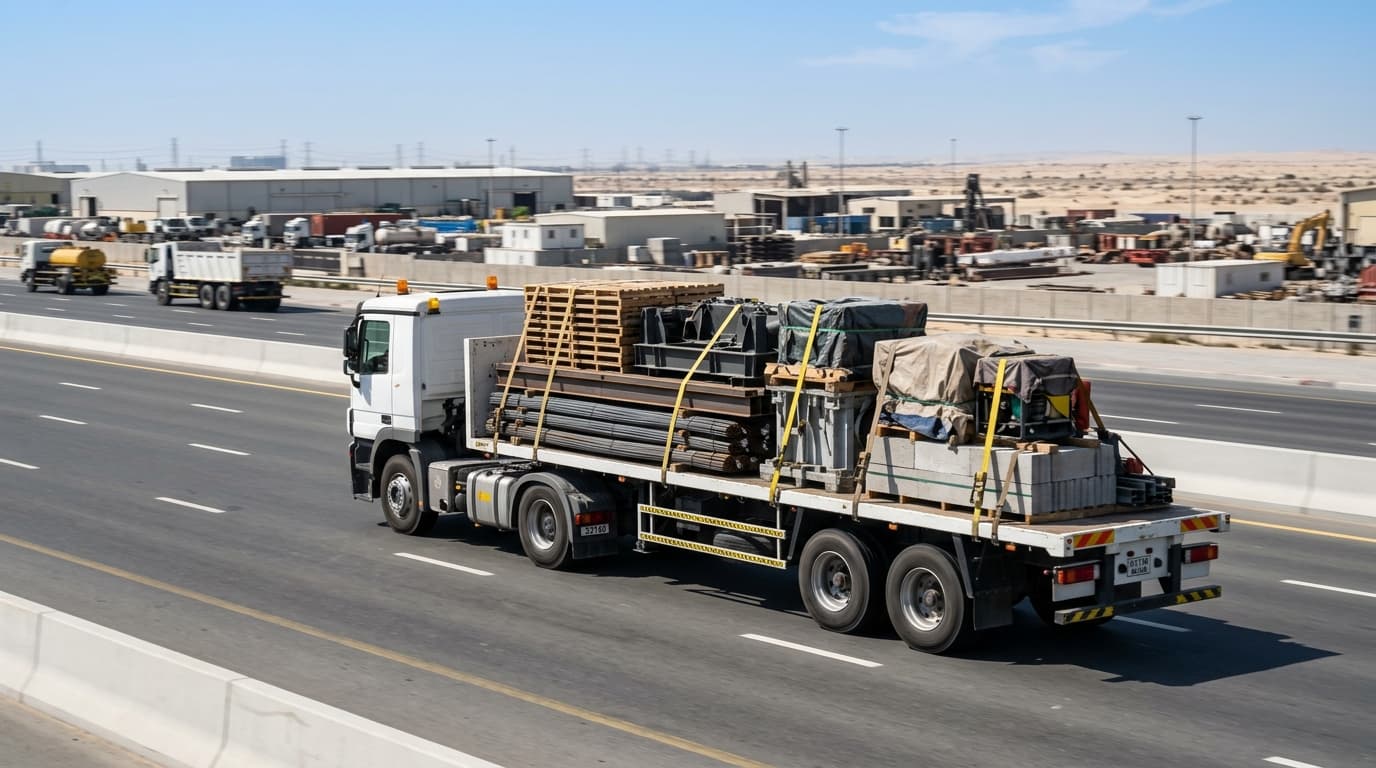 Commercial heavy truck transporting industrial materials on a UAE road