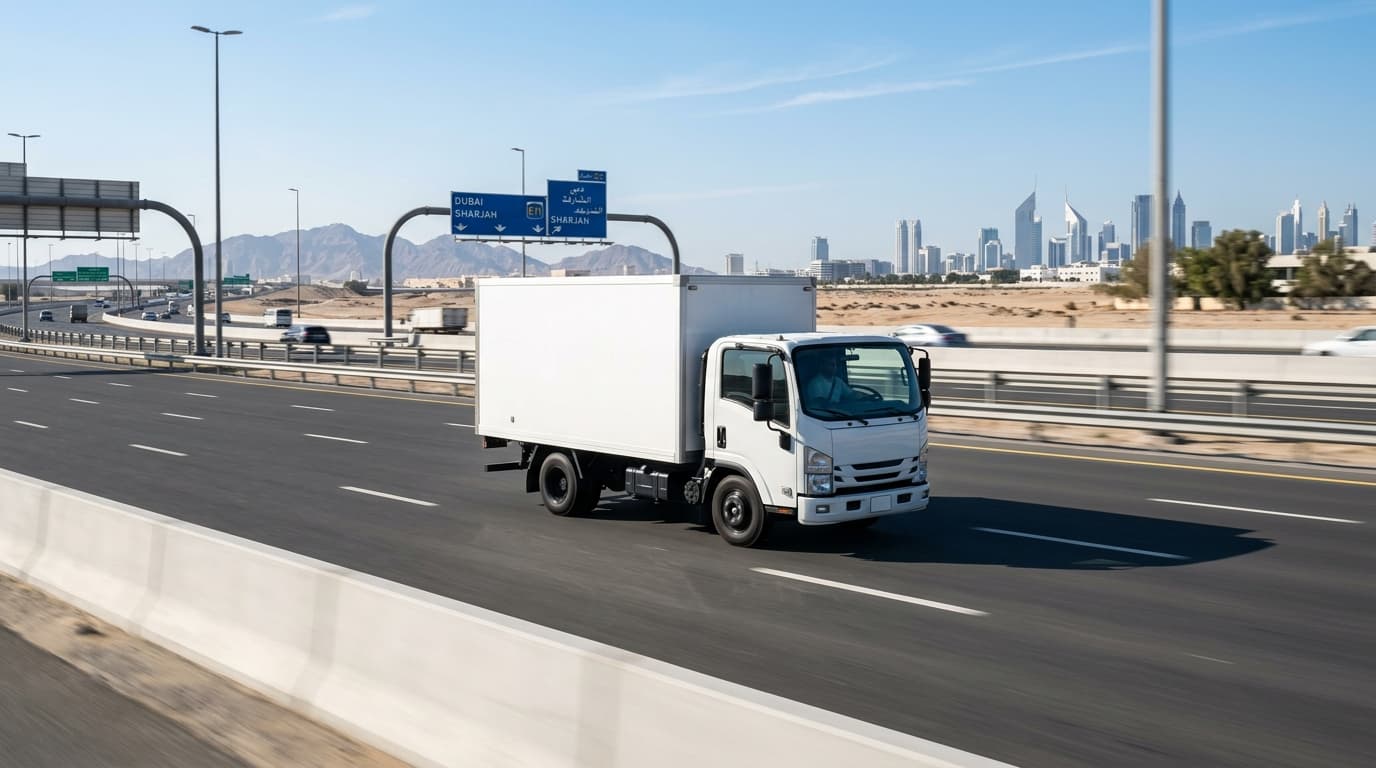 Commercial light truck operating on a modern UAE highway corridor