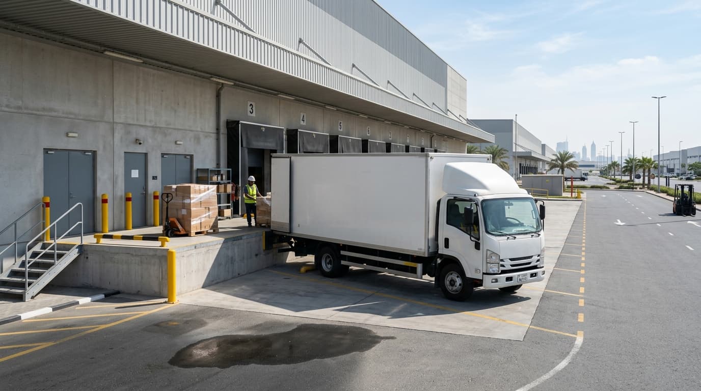 Commercial transport vehicle at modern industrial loading dock in the UAE